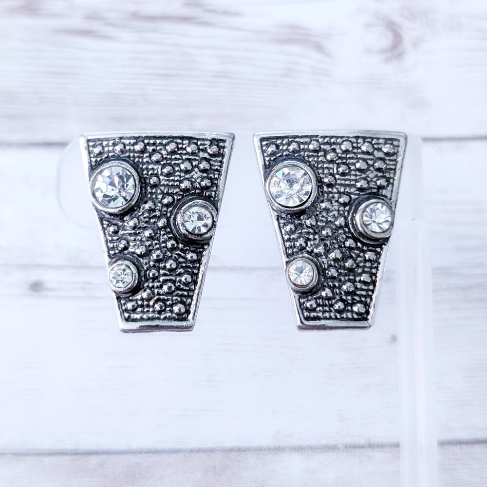 Vintage Clip On Earrings 1.25" Large Statement Retro Silver Tone & Clear Gem